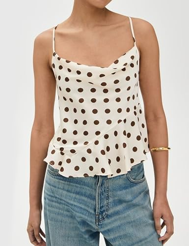 Womens Polka Dot Satin Tank Tops Cowl Neck Tie Back Sleeveless Shirt Asymmetrical Ruffle Hem Camisole Crop Tops4