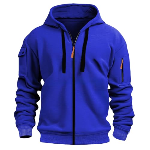 Sudadera con capucha para hombre con cremallera de un cuarto para hombre, ajuste holgado, casual, con múltiples bolsillos, azul, M