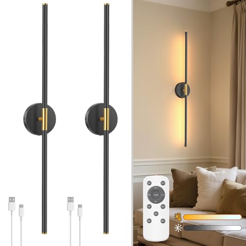 NIORSUN 35 Inch Battery Operated Wall Sconce Set of 2, 360° Rotation Gold Black Rechargeable Wall Lights with Detachable Tube and Remote, 3CCT Dimmable Wall Lamp for Living Room Bedroom Hallway