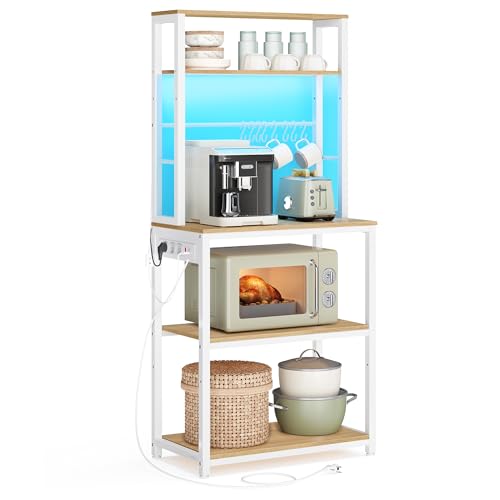 VASAGLE Estantería de Cocina con iluminación LED, estantería de pie con enchufes, Estante para microondas con estantes Ajustables, 8 Ganchos, 40 x 60 x 168,4 cm, Roble Dorado, Blanco Mate KKS049YA01