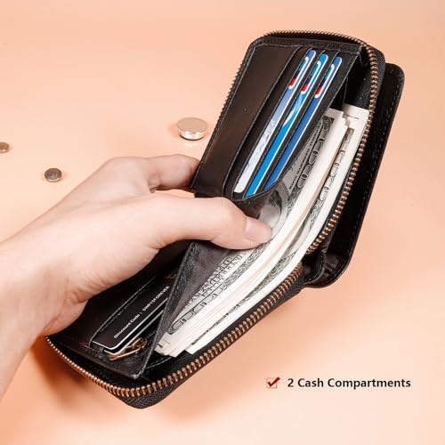 men's RFID shielded wallet, zipper leather wallet, suitable for men, with ID window and 14 card clips (Black)4