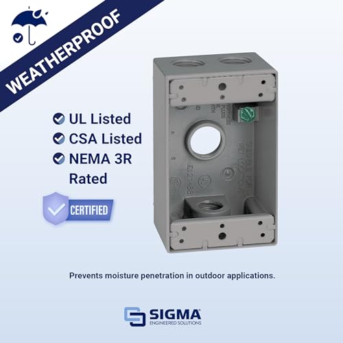 Image of SIGMA ENGINEERED SOLUTIONS Metal Electrical Outlet Box, Weatherproof, Easy Mount Plug and Receptacle Protector, 1 Gang Box, Gray, (E) 4 Holes