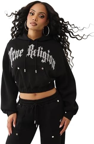 True Religion Studded GF Pullover Hoodie for Women - Fleece Cotton Blend, Cozy Fit, Logo Detail - Jet Black, Medium