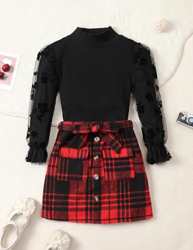 Image of Toddler Girl Clothes Girls Outfits Flare-lace Sleeve Top and Plaid Skirt Dress Fall Winter 2Pcs Girls Clothes 5-12T