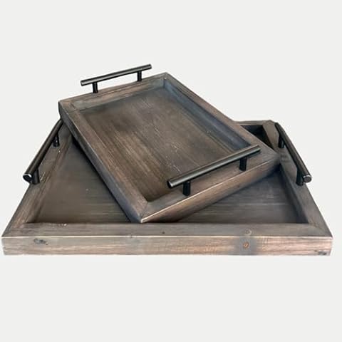 Tasse Verre Rustic Dark Brown Wooden Nesting Serving Trays with Metal Handles (2-Pack). Boho Decor for Counter, Table, and Living Room. Cover