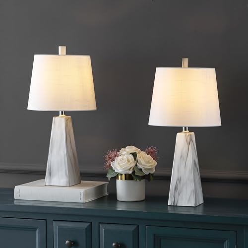 JONATHAN Y 20.5" White Marble Finish Modern Resin Table Lamp for Bedroom Living Room, Contemporary Faceted Bedside Lamp with White Linen Shade, LED Bulb Included (JYL1037A-SET2) by JONATHAN Y - Image 7