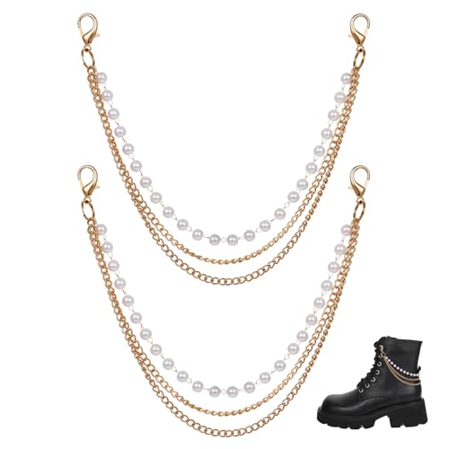 2PCS Boot Chains Jewelry for Women 20CM Shoe Accessories & Charms for Sneakers - 3-Layer Gold Pearl Boot Chains Decoration for Bag Handbags Keychain