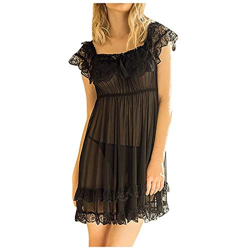 iQKA Womens Sleepwear Plus Size Sexy Lingerie Babydoll Chemise Nightgowns Off Shoulder Sheer Nightdress S-7XL(Black,3XL)