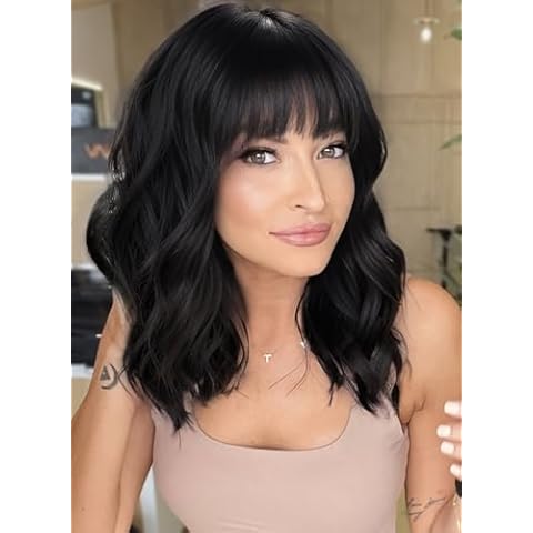 AISI HAIR Bob Curly Wig Synthetic Short Black Wig with Bangs Natural Looking Heat Resistant Fiber Hair for Women Cover