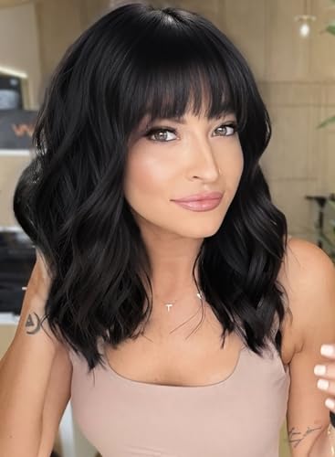 Image of AISI HAIR Bob Curly Wig Synthetic Short Black Wig with Bangs Natural Looking Heat Resistant Fiber Hair for Women