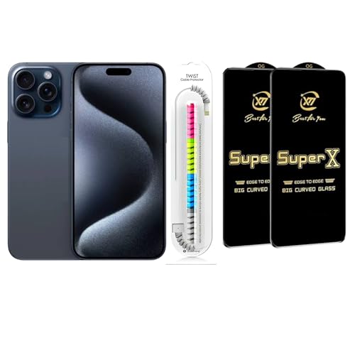 Image of Edge To Edge Tempered Glass Screen Protector Compatible With iPhone 15 Pro Max, 9H Hardness, Anti-Fingerprint With Cable Protector With Easy Installation Kit Pack 2