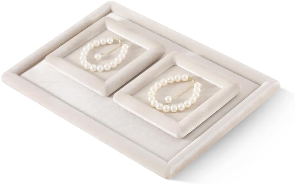 Resilient Velvet Ring Earring Bracelet Necklace Display Tray, Flat Jewelry Storage Organize Tray, Vintage Gold Bangle Pendant Watch Jewelry Dish Plate (Light Beige) - Image 7