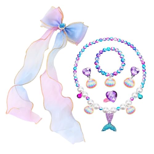 LINGJIA Juguetes Niña 2 Años, Pulseras Niña, Juguetes Niñas, Mermaid Girl Kids Jewellery, Mermaid Set Ring Toys, Mermaid Kids Necklace, Mermaid Flutter Hair Clip for Party Birthday (Morado)