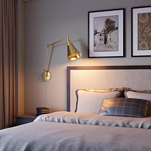 Image of Plug in Wall Sconces Set of Two, Gold Swing Arm Wall Lamp with 6.6FT Plug-in Cord and Knob Switch, Metal Hardwired Wall Lights for Bedroom, Reading, Study Room, Office, Living Room (2 Pack)