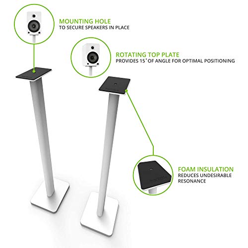 Image of Kanto SP32PLW Universal Speaker Floor Stands for Bookshelf Speakers | 32 inch Tall | Two Sizes Rotating Top Plate w /Foam Padding | Carpet & Hardwood Feet | Hidden Cables | inch-20 Mounting | Pair | White