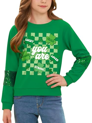 IIMMER Child Girl's St.Patrick's Day Saint Fashion Sweatshirt Irish Sequin Sleeves Shamrock Clover Shirt Green Checkered 12 Years