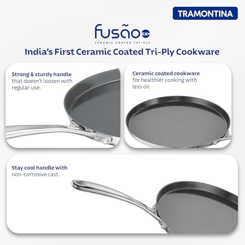 Image of TRAMONTINA Fusao Healthy Triply Ceramic 28 Cm Dosa Tawa 4mm Thick | Non Toxic (PFAS /PTFE /PFOA Free) | Uttapam Tawa | Roti | Parantha | Induction Friendly | Stay Cool Handle I 10 Year Warranty.
