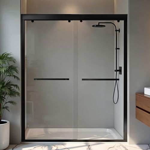 Botwinkle Shower Door 56-60' W x 72' H, Semi-Frameless Sliding Glass Shower Door, 1/4' (6mm) SGCC Tempered Glass Bathroom Sliding Door, Matte Black Finish, 304 Stainless Steel Hardware