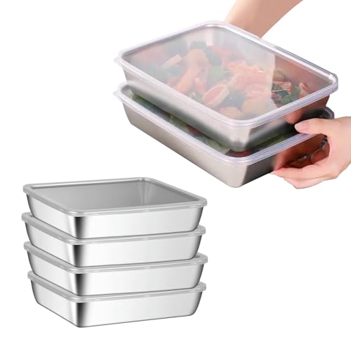 Epunk Juego de 4 recipientes herméticos de acero inoxidable 304 con tapas, 25,5 x 20 x 5,5 cm, aptos para lavavajillas, para preparación de comidas y almacenamiento en refrigerador (sin BPA)