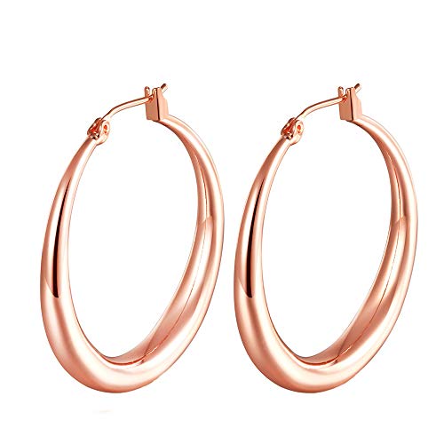 Hoop Earrings, Rose Gold Plated Rounded Hoops Earrings for Women Jewelry 1.4in