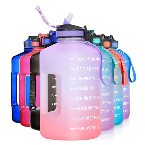 ETDW 2.2 Litre Water Bottle with Straw BPA Free, 2.2L Motivational Water Bottle with Times Marker & Handle, 2200ml LeakProof Sport Drinks Bottle for Gym, Outdoor, Home Purple Pink