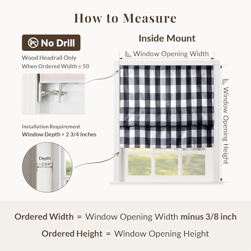 Image of TWOPAGES No Drill Cordless Buffalo Plaid Roman Shades Gingham Checkered Roman Blinds for Windows, Custom Made Room Darkening Blinds Farmhouse Shades, Black Grid, 1 Piece