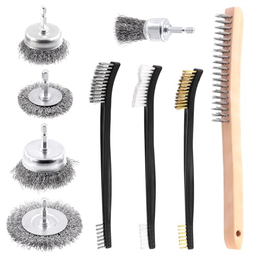 Image of Glarks 9Pcs Wire Scratch Brush Set, Including 5Pcs Wire Wheel Cup Brushes,3Pcs Mini Wire Brush and Stainless Steel Wire Brush for Cleaning Dirt, Rust and Paint Remover