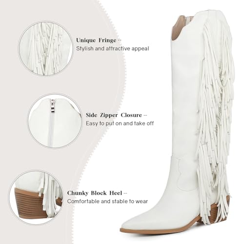 KiutSymo Cowgirl Fringe Boots For Women White Tassels Cowboy Boots Knee High Pointed Toe Western Boots3