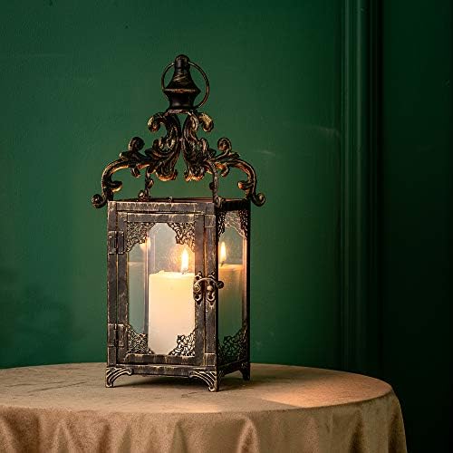 DECORKEY Outdoor Lantern Decorative,16'' Large Square Hanging Lanterns, Vintage Metal Tabletop Lantern for Outdoor Patio, Front Door Porch, Rustic Home Decor, Candle Holders with Clear Glass (Bronze)