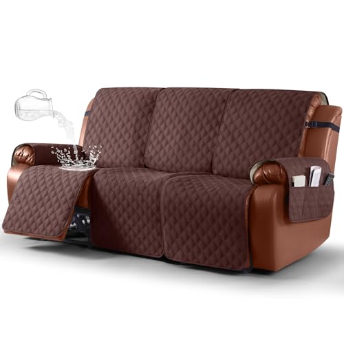 Ruaozz Waterproof Recliner Sofa Covers, 1-Piece Couch Covers for Reclining Couches Reclining Couch Cover Washable Furniture Protector with Elastic Straps Pocket for Kids Pets (Coffee, 3 Seater)