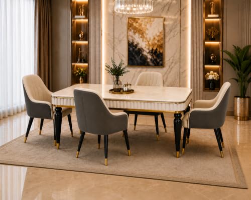 Image of 4 Seater Dining Table Set with Nano Composite Marble Top, Solid Wood Base & 4 Upholstered Chairs, Modern Dining Table Set for Home & Dining Room Furniture (Gray Cream, White Marble Top, 4 Seater)
