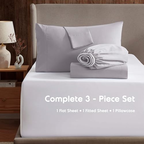 Image of Nestl Twin Bed Sheet Set - Grey Lavender - 3-Piece Deep Pocket | Instantly Soft, Night-One Ready (No Wash Required). Fits 16-Inch Deep Pockets, 360-Degree Elastic Grip