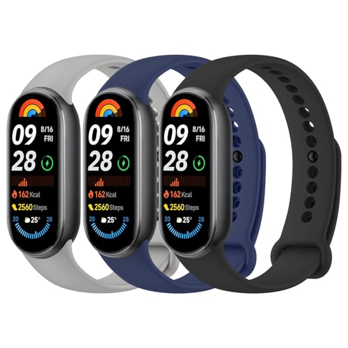 ZGCE 3 Piezas Correa Xiaomi Band 9 / Xiaomi Band 8, Transpirable, Duradero Correa Desmontaje Rápido para Xiaomi Mi Band 9 / Mi band 8, Negro + Azul marino + Gris