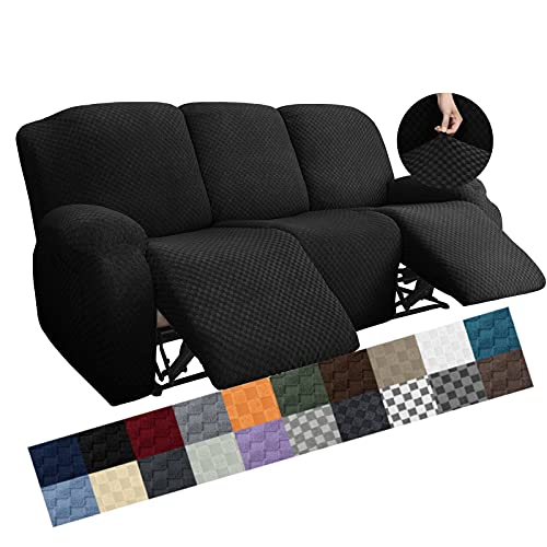 Image of YEMYHOM 8 Pieces Stretch Recliner Sofa Cover Jacquard Reclining Couch Cover with Side Pocket Anti-Slip Fitted 3 Cushion Furniture Slipcovers with Elastic Bottom (Sofa Recliner, Black), Large