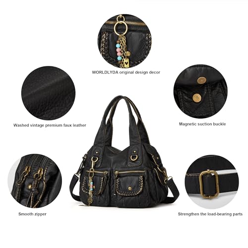 Image of Worldlyda Women Canvas Hobo Purse Multi Pocket Tote Shopper Shoulder Bag Casual Top Handle handbag with Embroidery Ethnic