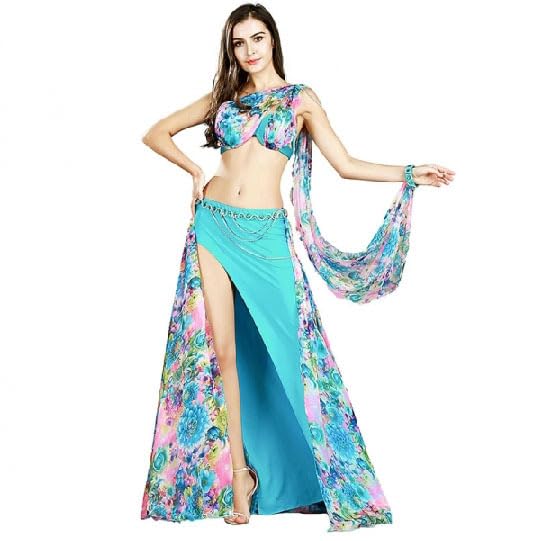JRUIA Faldas para Danza del Vientre Disfraces De Danza del Vientre para Mujer Trajes para Festivales Rave Y Carnaval Top con Sujetador Cinturón Y Falda para Danza del Vientre,Azul,M
