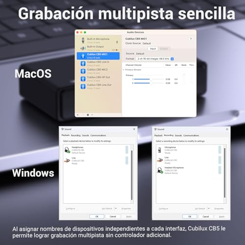 Cubilux CB5 interfaz de audio USB para grabación y podcasting, con entrada estéreo para micrófono, entrada/salida de línea y jack para auriculares, compatible con Windows y Mac - imagen 6