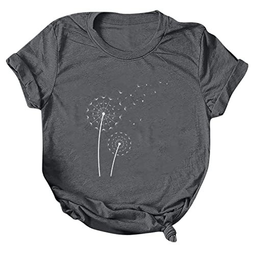 Womens Dandelion Floral Print Tshirts Summer Crew Neck Short Sleeve T Shirt Ladies Casual Blouse Tops Graphic Tees