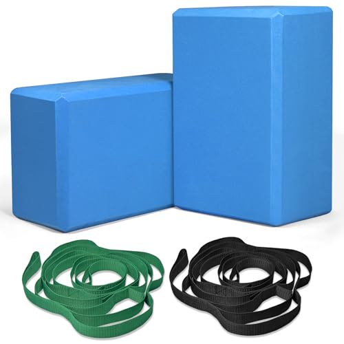 Yoga Blocks and Yoga Straps Set, 2 Large Foam Blocks 9×6×4 inches& 2 Stretching Straps, Non-Slip Surface for Meditation, Balance, Pilates, Stretching and Deep Poses (Blue)