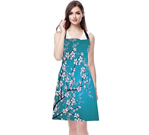 Wondertify Plum Blossom Apron,Pink Flowers Reflected In Water Blue Bib Apron With Adjustable Neck For Men Women,Suitable For Home Kitchen Cooking Waitress Chef Grill Bistro Baking Bbq Artist Apron #TOP5