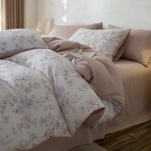 VM VOUGEMARKET Garden Flower Duvet Cover Set Queen,Lyocell & Cotton Bedding Set with Flower Pattern,Breathable & Cool Comforter Cover for Summer (Blush Pink,90x90 Inch)