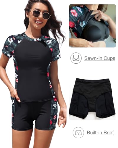 Daci Women's 2 Piece Rash Guard UPF 50+ Short Sleeve Swim Shirt with Shorts Swimsuit with Pockets and Built-in Bra4