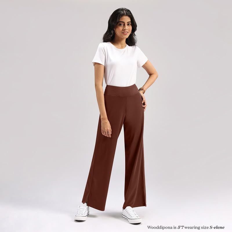 Image of BlissClub AM:PM Cotton Wide Leg Pants - Lite, Cotton Pants, Wide Waistband, Slit at Hem, Side Pockets, Regular (for Women Upto 5'4 ft)