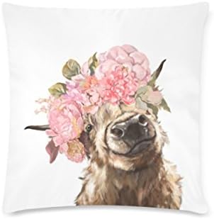 BEAYCUSHIONS Custom Highland Cow With Flower Cushion Cases Zippered Throw Pillow Covers 16 by 16 Inches