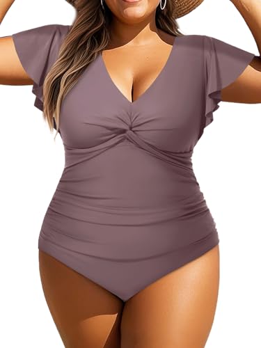 Aqua Eve Plus Size One Piece Swimsuit with Sleeve Tummy Control Bathing Suit Ruffle Vintage Swimwear...