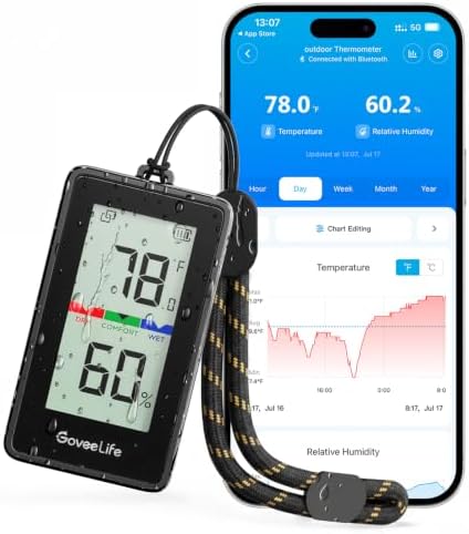 GoveeLife Thermometer Hygrometer für Innen Außen, IP65 wasserdicht | LCD Display, Bluetooth Außenthermometer, Benachrichtigungsalarm, 2 Jahre Datenspeicherung, für Camping, Zimmer,