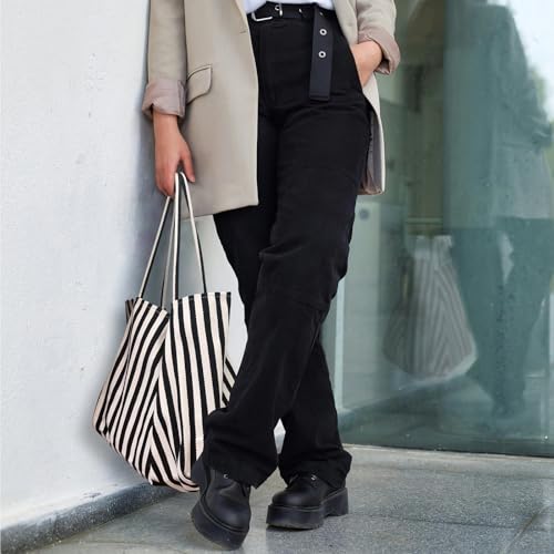 Image of Striped Canvas Tote Handbag for Women Vertical Stripe Large Capacity Shoulder Bag for Shopping Travel