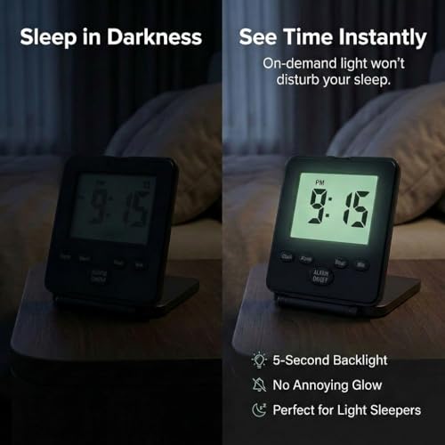 Image of Digital Travel Alarm Clock - No Bells, No Whistles, Simple Basic Operation, Loud Alarm, Snooze, Small and Light, ON /Off Switch, 2 AAA Battery Powered, Black