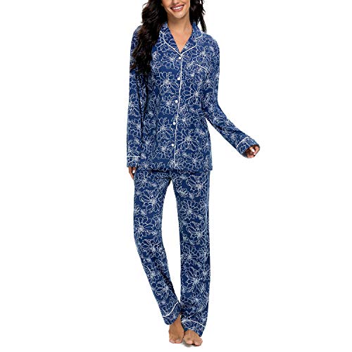 Image of Tugege Pajamas Set Long Sleeve Sleepwear Womens Button Down Nightwear Pj Sets Pink Rose(Pink Rose Print-Small)