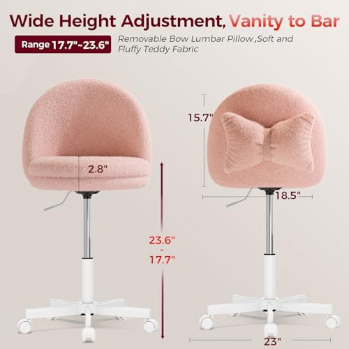 Image of GTPLAYER Velvet Tall Office Chair with Wheels Vanity Chairs with Back, Versatile Height Use: Office to Bar Stools Small Ergonomic Comfy Armlees Computer Desk Chair with Bow Lumbar Pillow for Gift